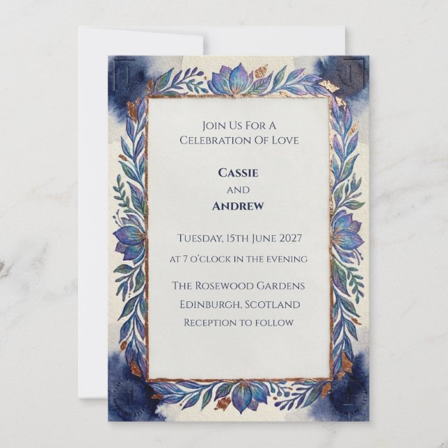 Invitación de boda escocesa botánica azul (Anverso)