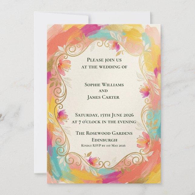 Invitación de boda escocesa con filigrana de oro a (Anverso)