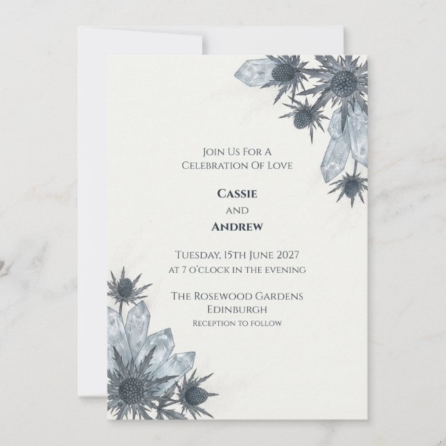 Invitación de boda escocesa Crystal Thistle (Anverso)