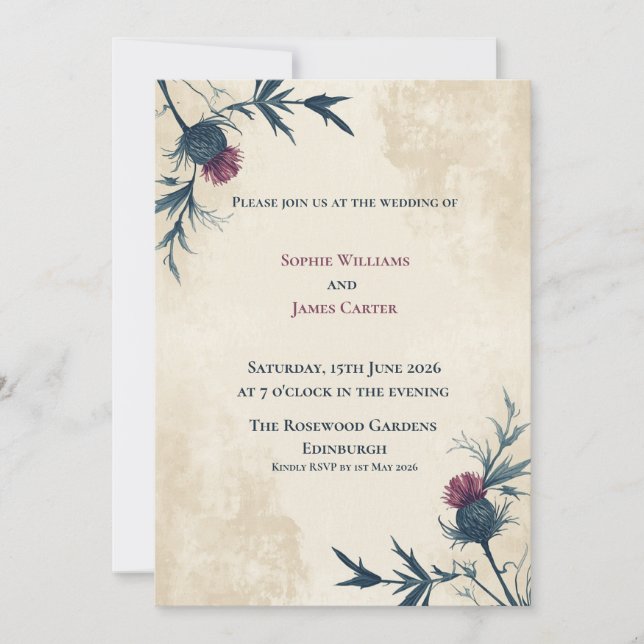 Invitación de boda escocesa Navy Thistle Parchment (Anverso)
