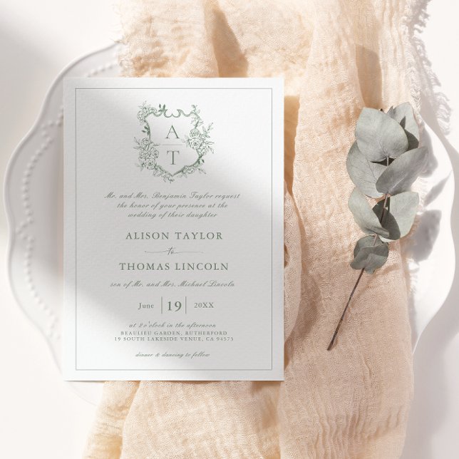 Invitación de boda esmeralda clásica con cresta fl (Subido por el creador)