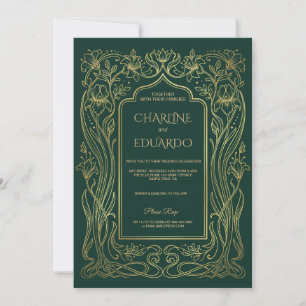 Invitación de Boda Esmeralda Dorada Marco Art Nouv