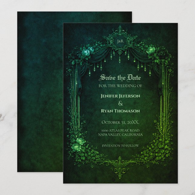 invitación de boda esmeralda gótica para guardar l (Anverso / Reverso)