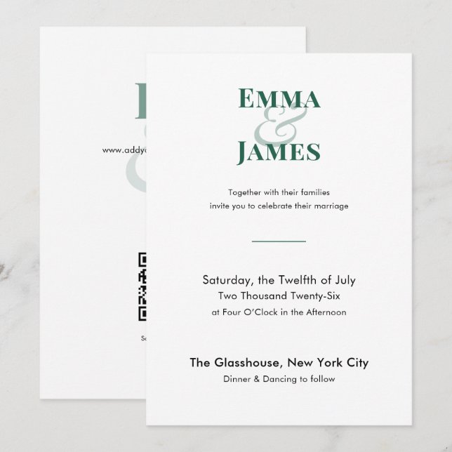 Invitación de Boda Esmeralda Minimalista | Código  (Anverso / Reverso)