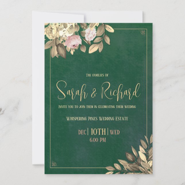 Invitación de boda esmeralda verde y dorado (Anverso)