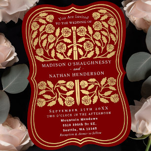 Invitación de boda Espada Real Escarlata Dorada