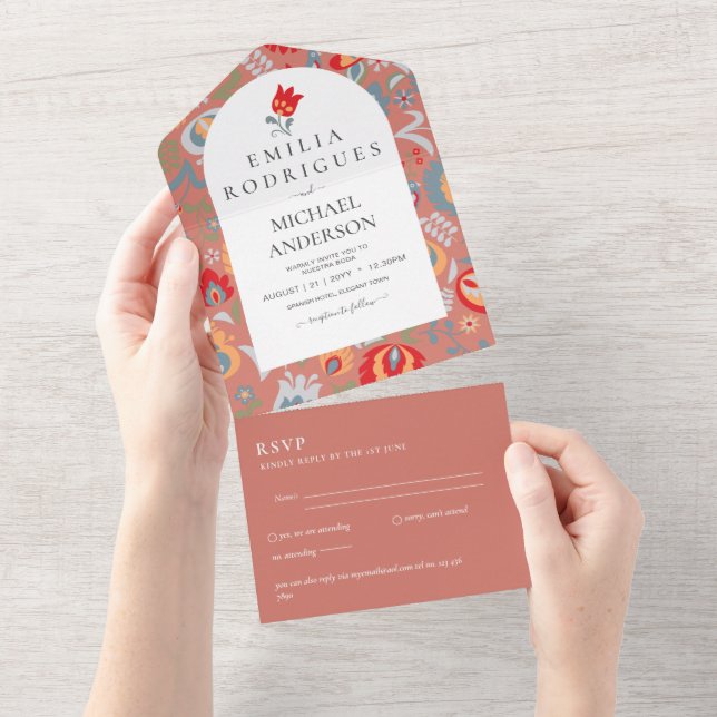 Invitación de Boda Español Inglés Rsvp FOLKART (desgarro)