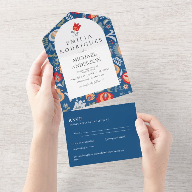 Invitación de Boda Español Inglés Rsvp FOLKART (desgarro)