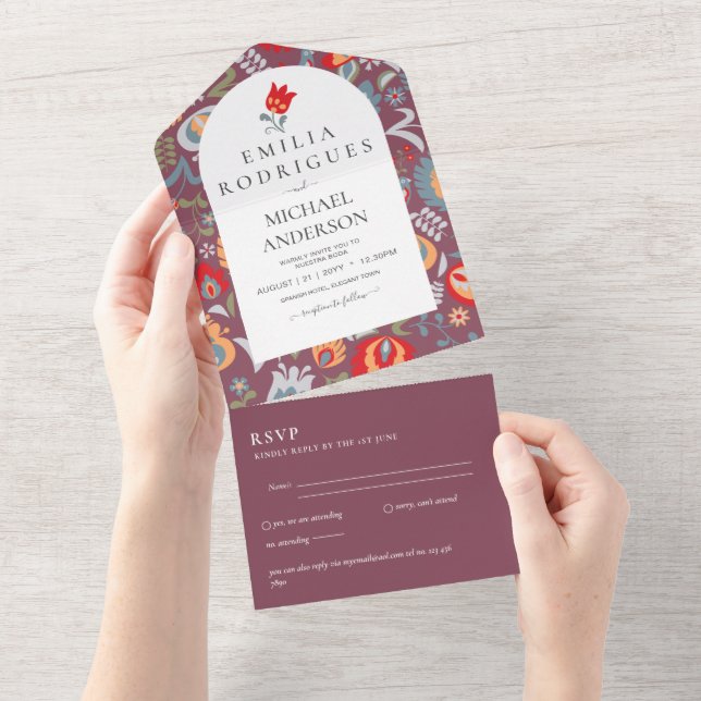 Invitación de Boda Español Inglés Rsvp FOLKART (desgarro)