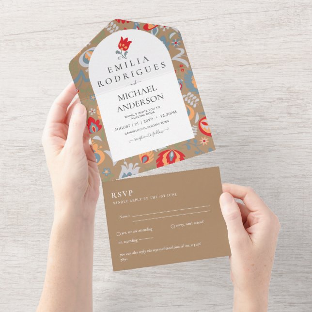 Invitación de Boda Español Inglés Rsvp FOLKART (desgarro)