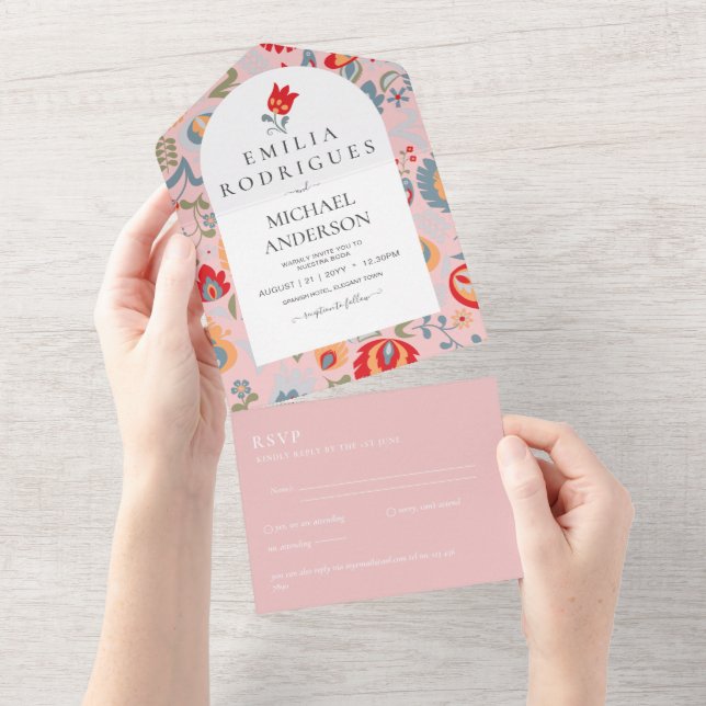 Invitación de Boda Español Inglés Rsvp FOLKART (desgarro)