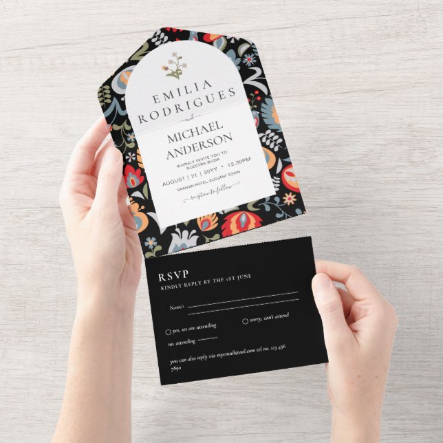 Invitación de Boda Español Inglés Rsvp FOLKART (desgarro)
