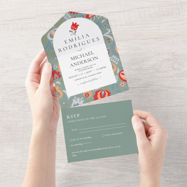 Invitación de Boda Español Inglés Rsvp FOLKART (desgarro)