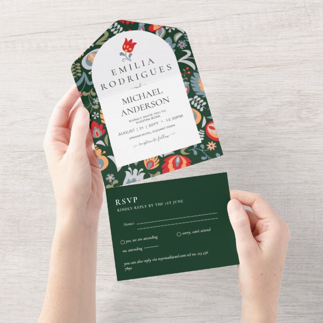 Invitación de Boda Español Inglés Rsvp FOLKART (desgarro)