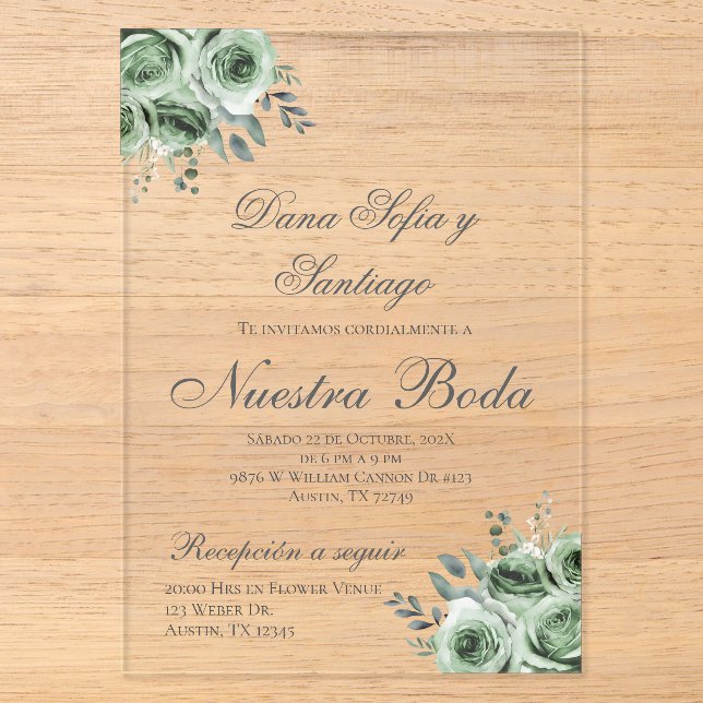 Invitación de boda española acrílica con vegetació (Anverso)
