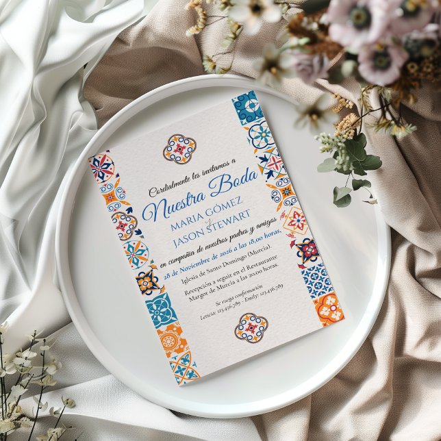 Invitación de boda española de fiesta floral de Ta (Talavera Floral Fiesta Spanish Wedding Invitation)