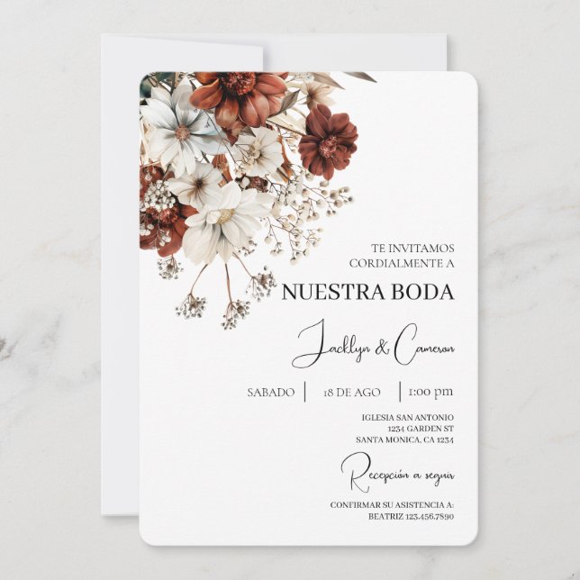 Invitación de boda española de terracota rústica (Anverso)
