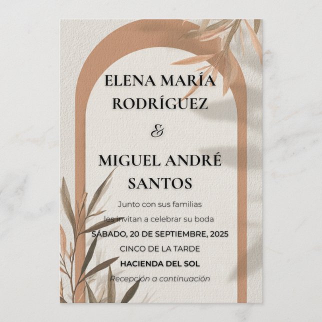 Invitación de boda española en terracota con arco  (Anverso)
