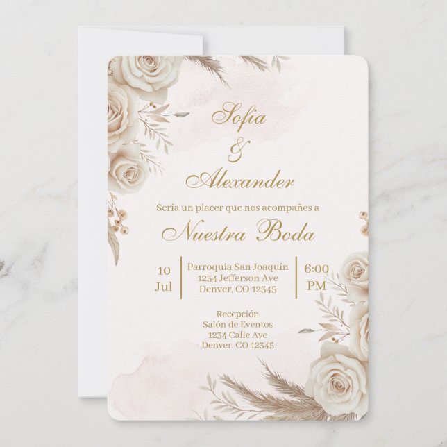 Invitación de boda española floral boho beige (Anverso)