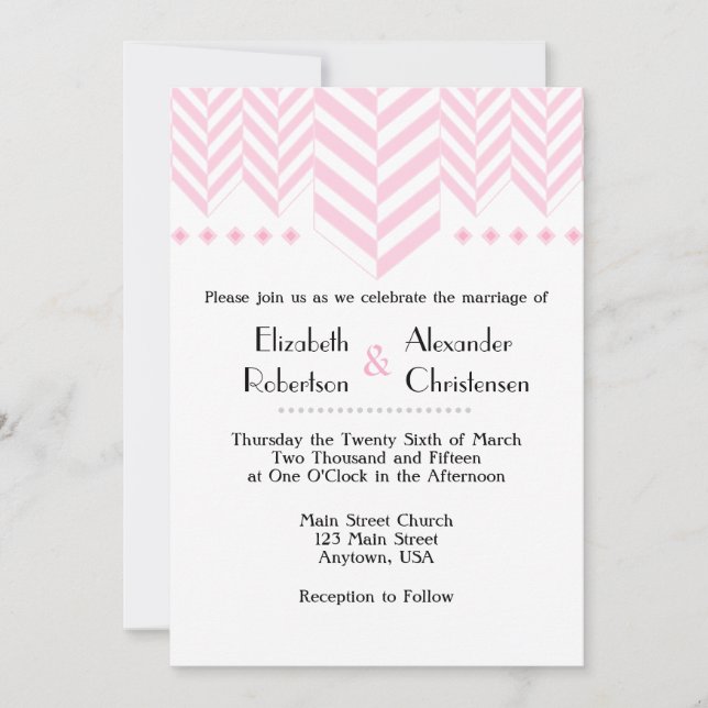 Invitación de boda espina de arenque rosa blanca (Anverso)
