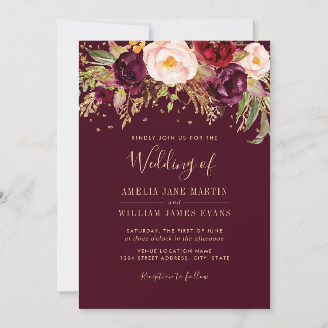 Invitación de boda espumosa de Burdeos Marsala (Anverso)