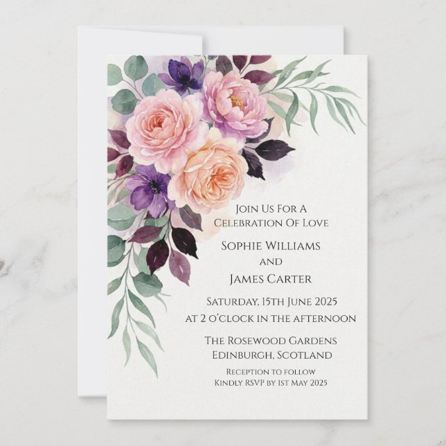 Invitación de boda Esquina Rosa Ciruela Rubor (Anverso)