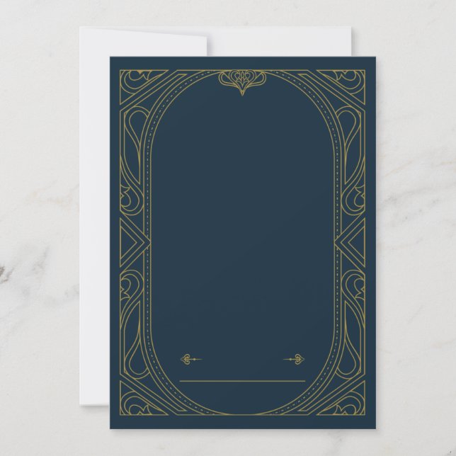 Invitación de boda estilo Art Deco azul oscuro y d (Anverso)