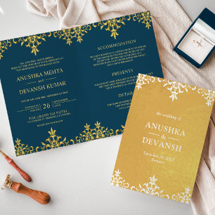 Invitación de Boda Estilo Indio Azul Dorado Damask