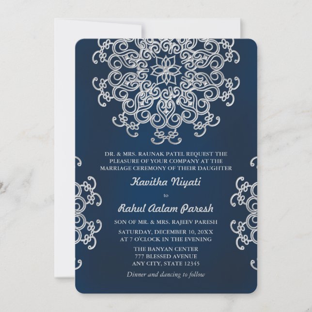 INVITACIÓN DE BODA ESTILO INDIO PLATA Y AZUL MARIN (Anverso)