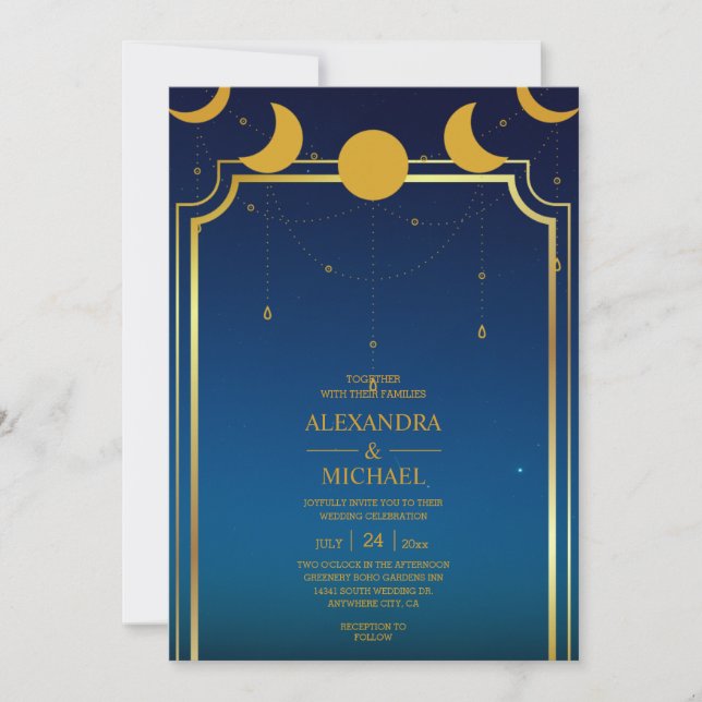 Invitación de Boda Estrellas Celestiales Doradas A (Anverso)