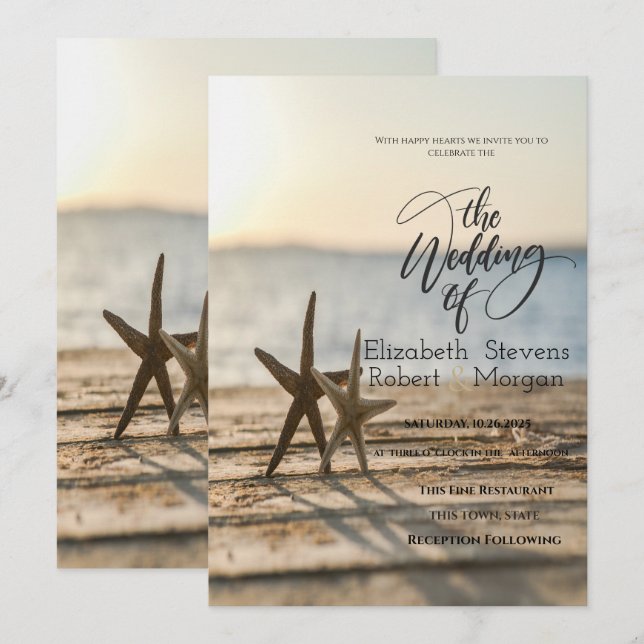 Invitación de boda Estrellas de mar Playa de arena (Anverso / Reverso)