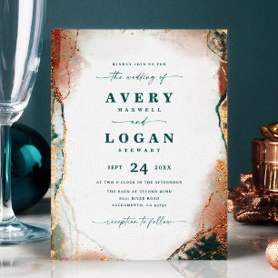 Invitación de Boda Etérea Abstracta Teal y Cobre