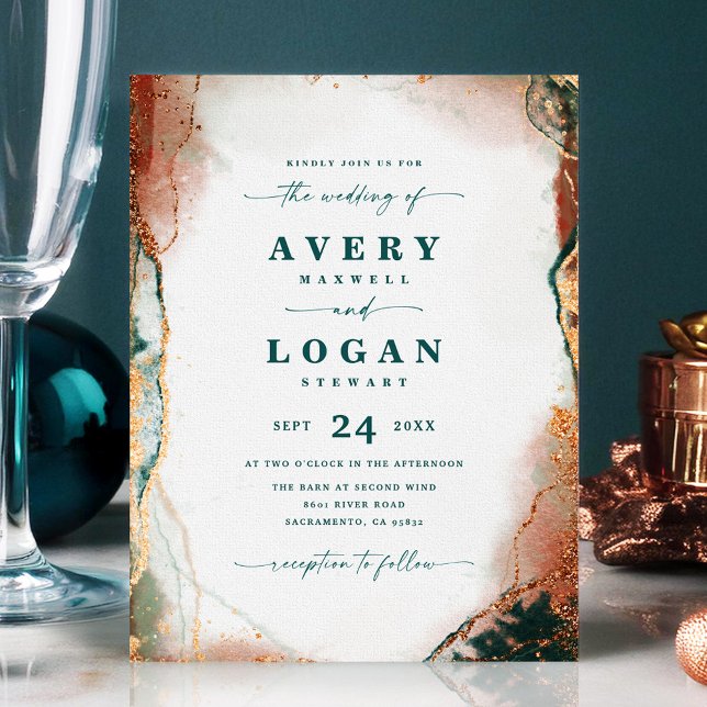 Invitación de Boda Etérea Abstracta Teal y Cobre (Teal and Copper Abstract Wedding Invitation)