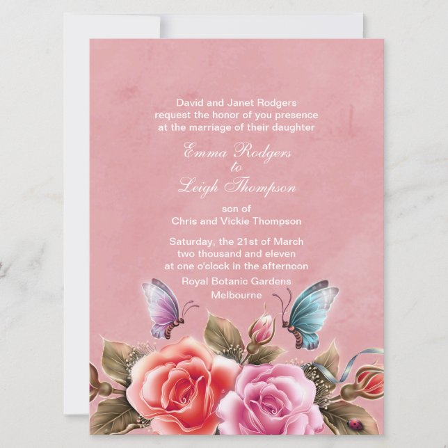 Invitación de boda explosión floral rosa (Anverso)