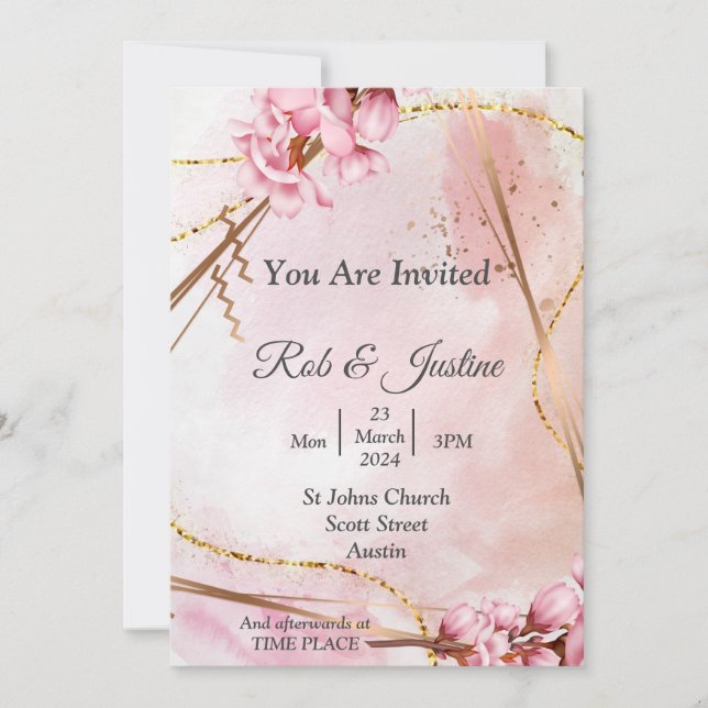 Invitación de boda exquisita, floral rosa (Anverso)