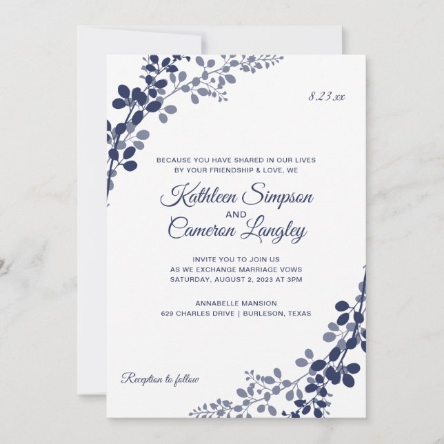 Invitación de boda Exquisite Vines | Azul Marino (Anverso)