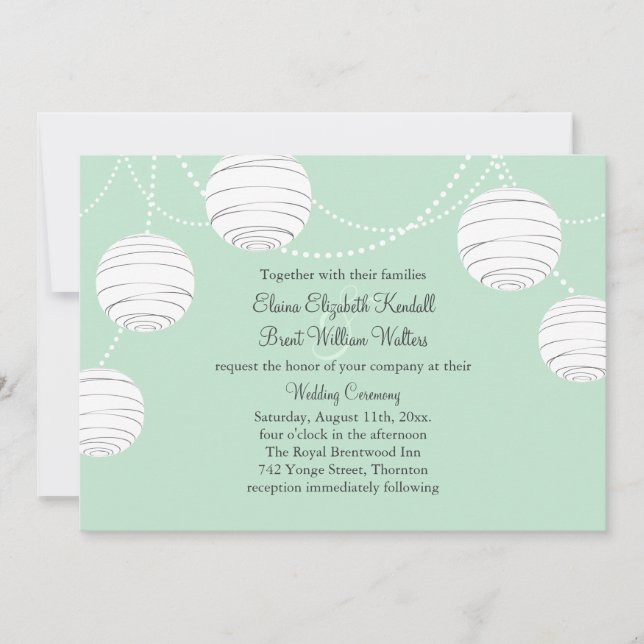 Invitación de Boda Faroles de Fiesta en Verde Ment (Anverso)