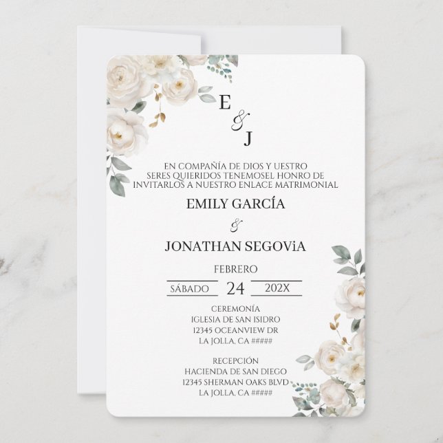 Invitación de boda flor blanca  (Anverso)