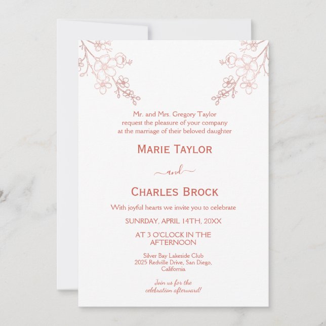 Invitación de boda Flor de Cerezo en Rosa Dorado (Anverso)