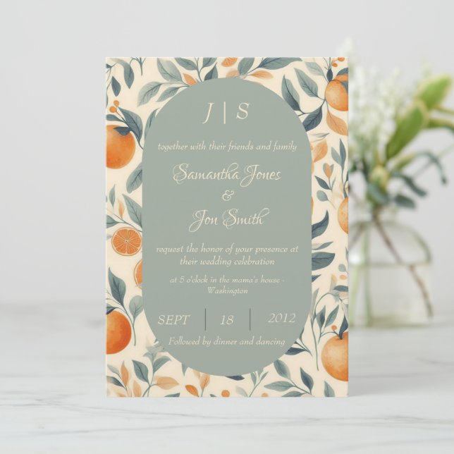Invitación de boda floral a naranjas (Anverso de pie)