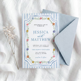 Invitación de boda floral a rayas azules