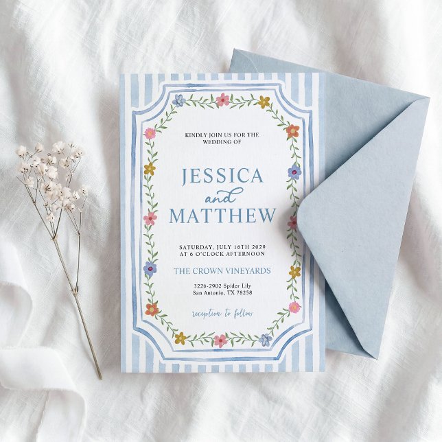 Invitación de boda floral a rayas azules (Subido por el creador)
