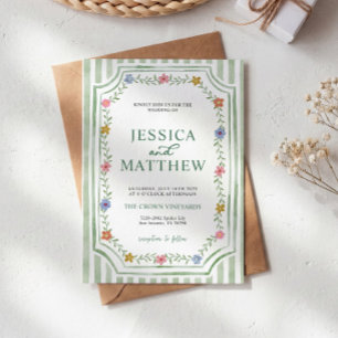 Invitación de boda floral a rayas verdes