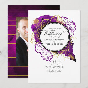 Invitación de boda floral abstracta moderna en púr