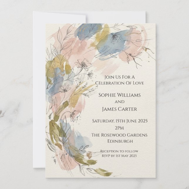Invitación de boda floral abstracta pastel (Anverso)