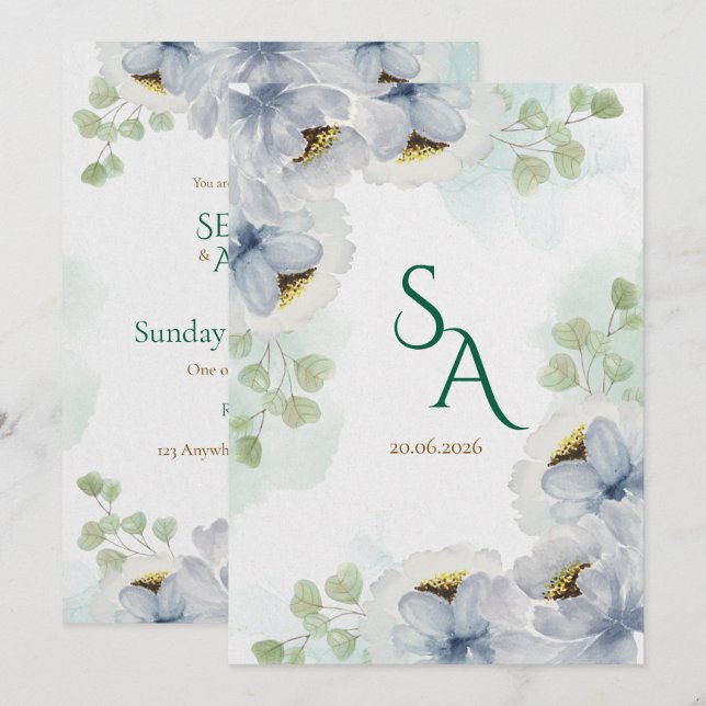 Invitación de boda floral acuarela (Anverso / Reverso)