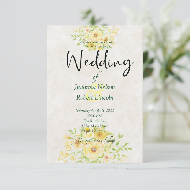 Invitación de boda floral acuarela amarilla (Anverso de pie)
