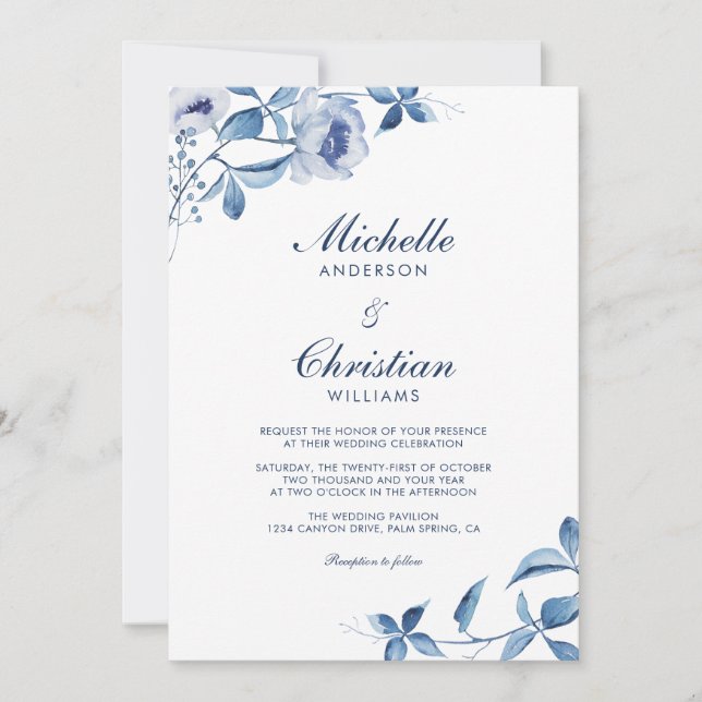 Invitación de boda floral acuarela azul (Anverso)