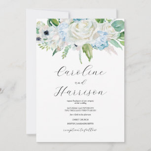 Invitación de boda floral acuarela azul elegante