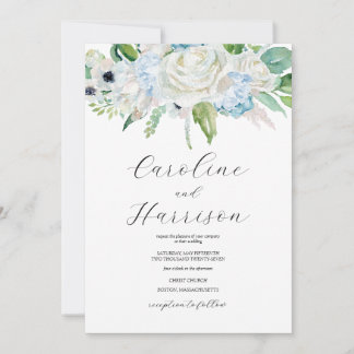 Invitación de boda floral acuarela azul elegante